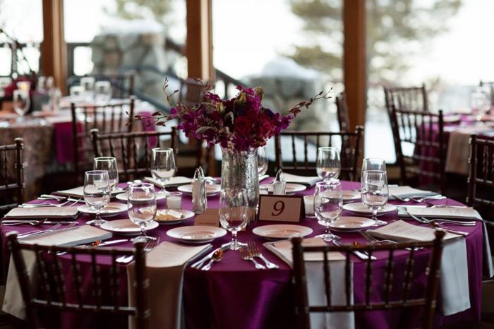 Berry Dupioni Table Cloth, Purple Dupioni Table Linen, Platinum Lamour Napkin