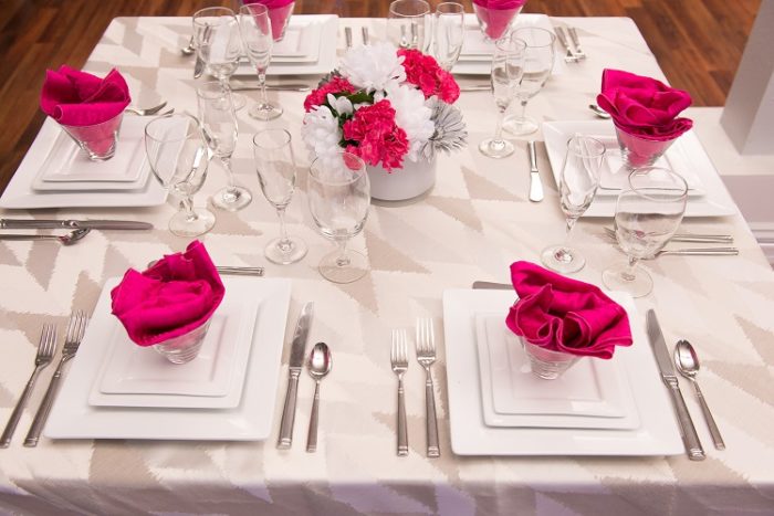 Ivory Messaline Table Linen, White Geometric Table Cloth, Raspberry Crush Napkin