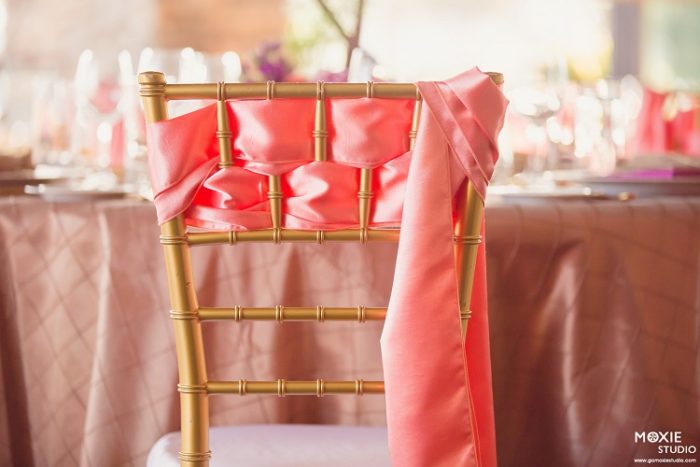Camel Pintuck Table Linen, Light Brown Table Cloth, Coral Shantung Chair Sash, Bright Pink Shiny Table Cloth