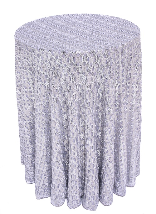 Silver Geometric Sequin Table Linen, Silver and Sheer Sequin Table Cloth