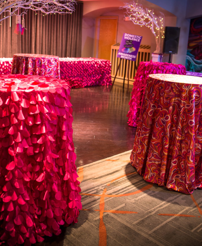 Pink & Orange Pucci Table Linen, Watermelon Petal Taffeta Table Linen, High Cocktail Tables