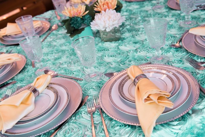 Tiffany Blue Rosette Table Linen, Canary Lamour Napkin