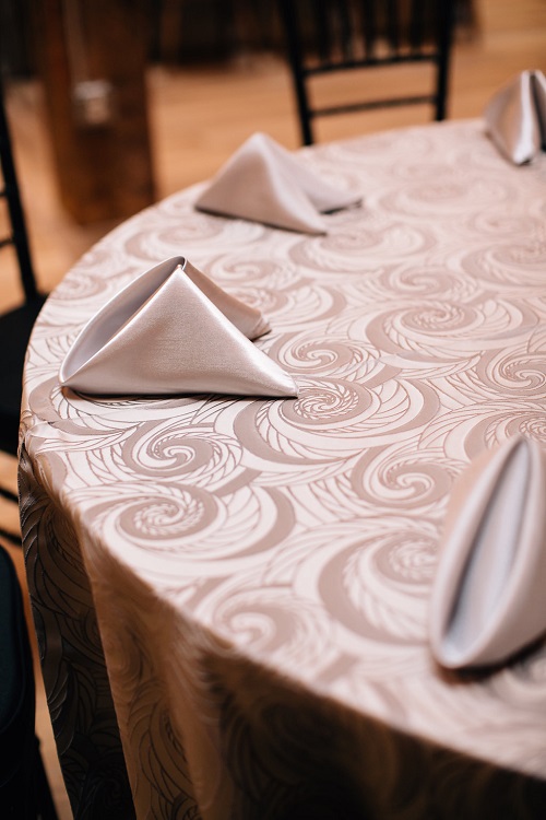 Fog Nautilus Table Linen, Silver Swirl Table Cloth