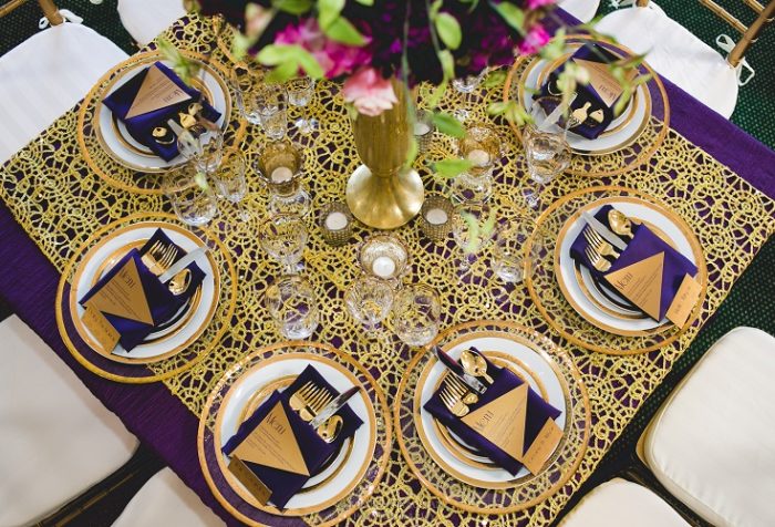 Gold Metallic Lace Overlay, Purple Lamour Table Cloth