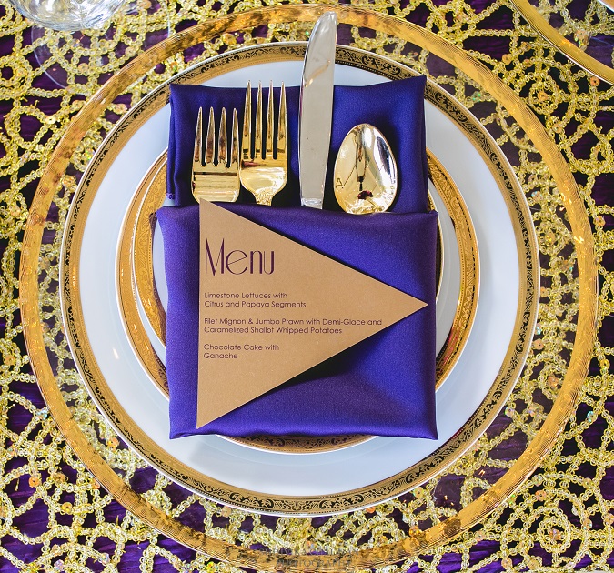 Gold Metallic Lace Overlay, Purple Lamour Table Cloth