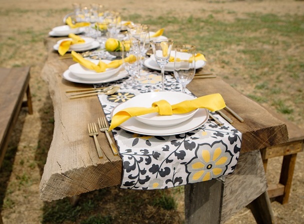 Posy Table Linen, Black Floral Table Cloth, Yellow Floral Table Cloth
