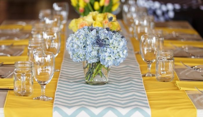 Mustard Dupioni Table Linen, Island Blue Chevron Runner