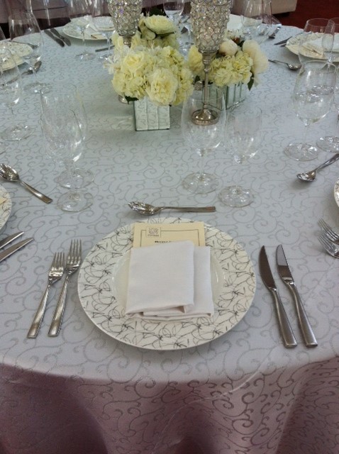 White and Silver Metallic Swirl Table Linen