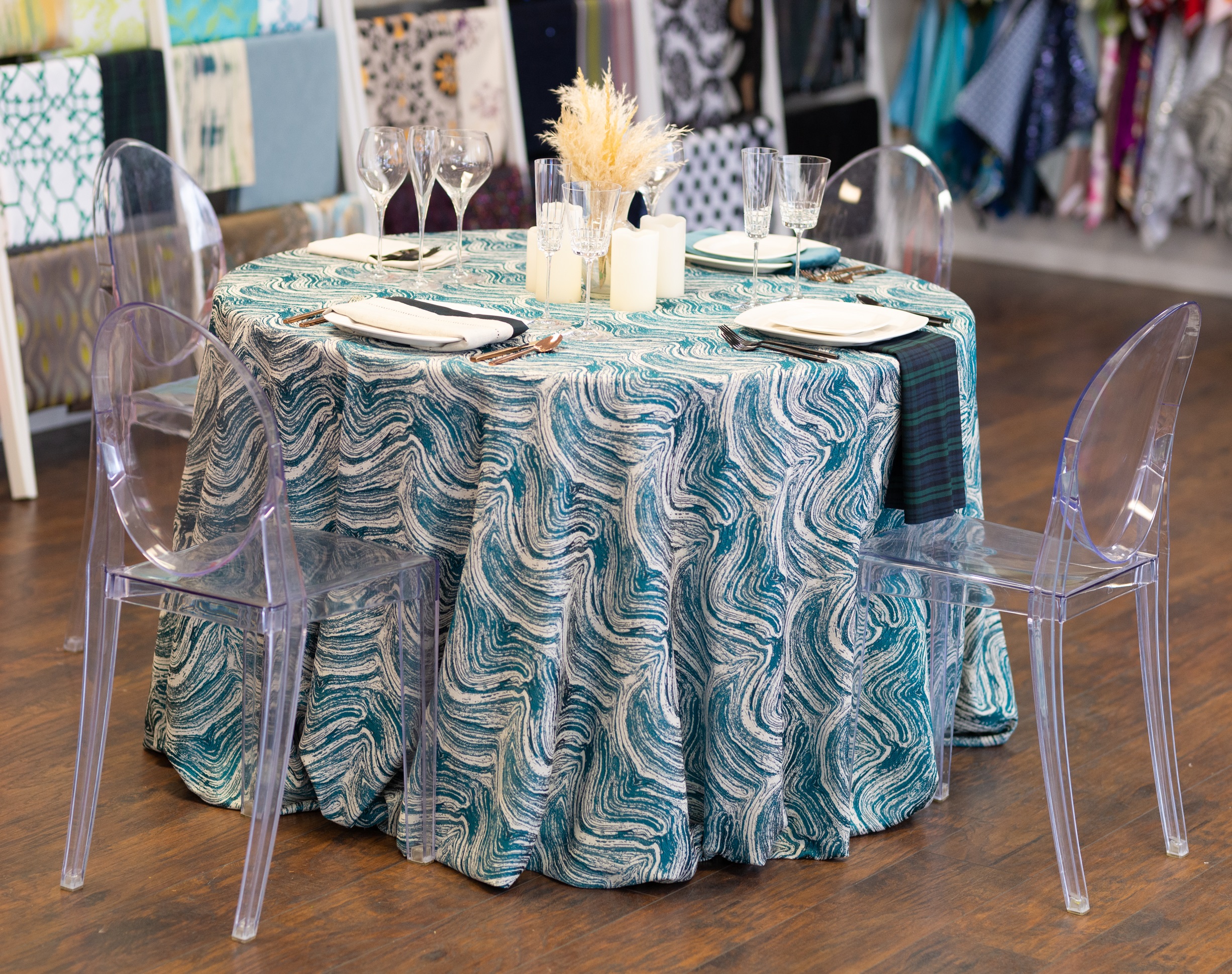 Peacock Marble Table Linen, Teal Swirl Table Cloth